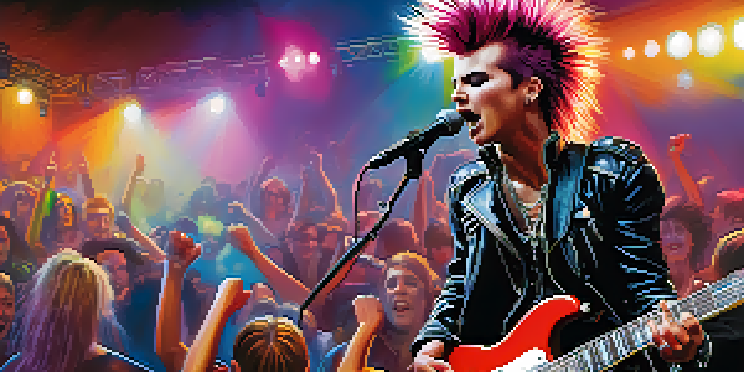 A punk guitarist performing on stage with spiked hair and a leather jacket, illuminated by colorful lights, showcasing the energy of a live concert.