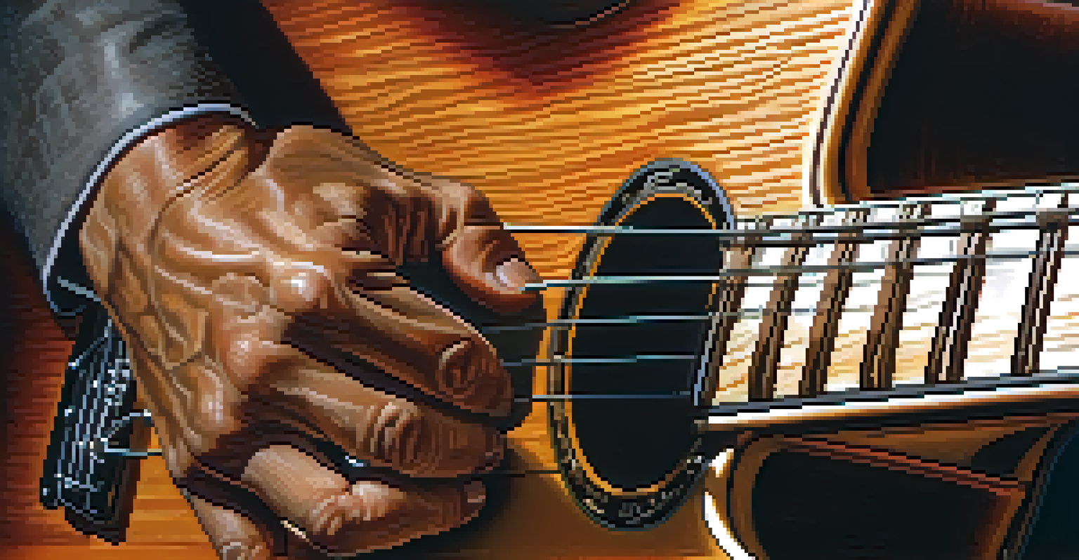 Close-up of a jazz guitarist's hands playing an electric guitar.
