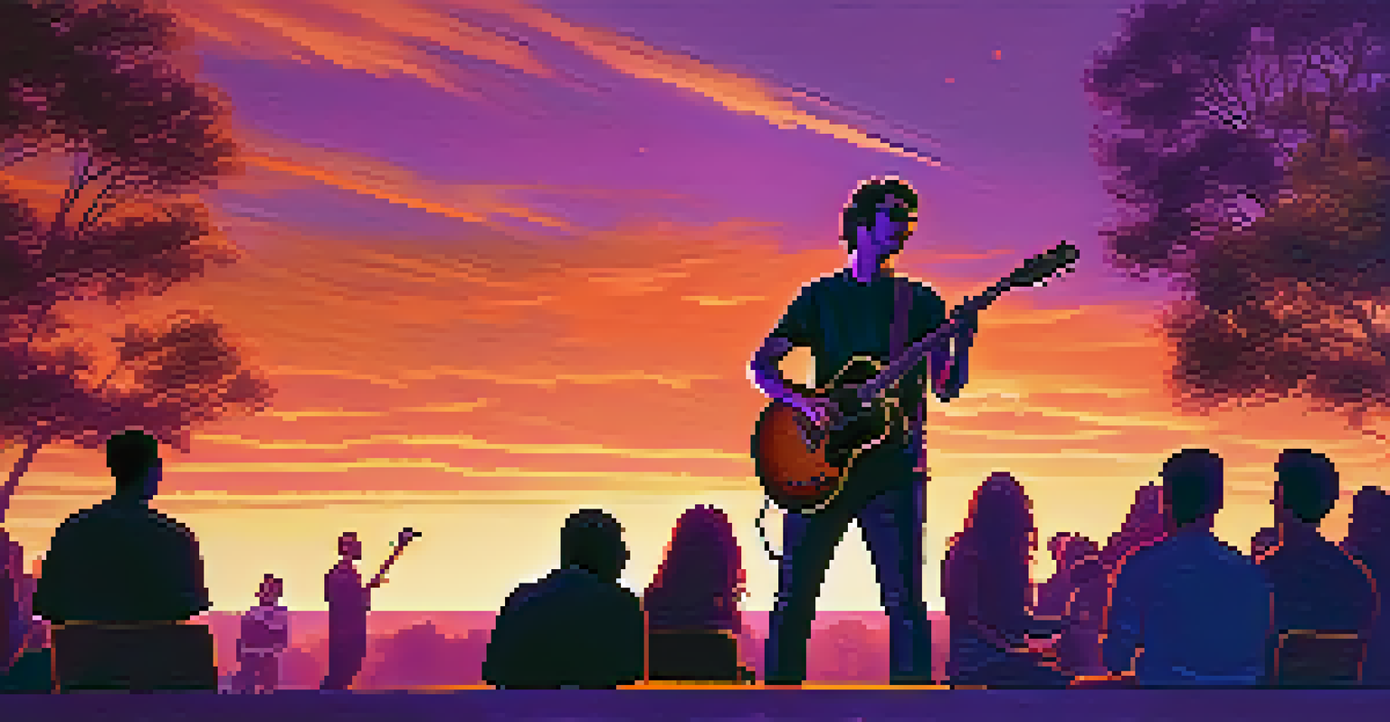 A passionate guitarist performing outdoors at sunset with an engaged audience around.