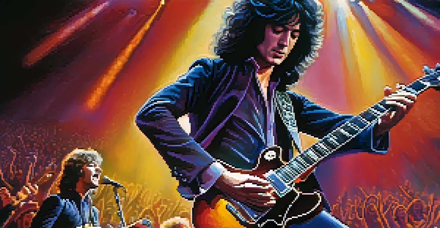 Jimmy Page performing live on stage, surrounded by colorful lights and an enthusiastic audience.