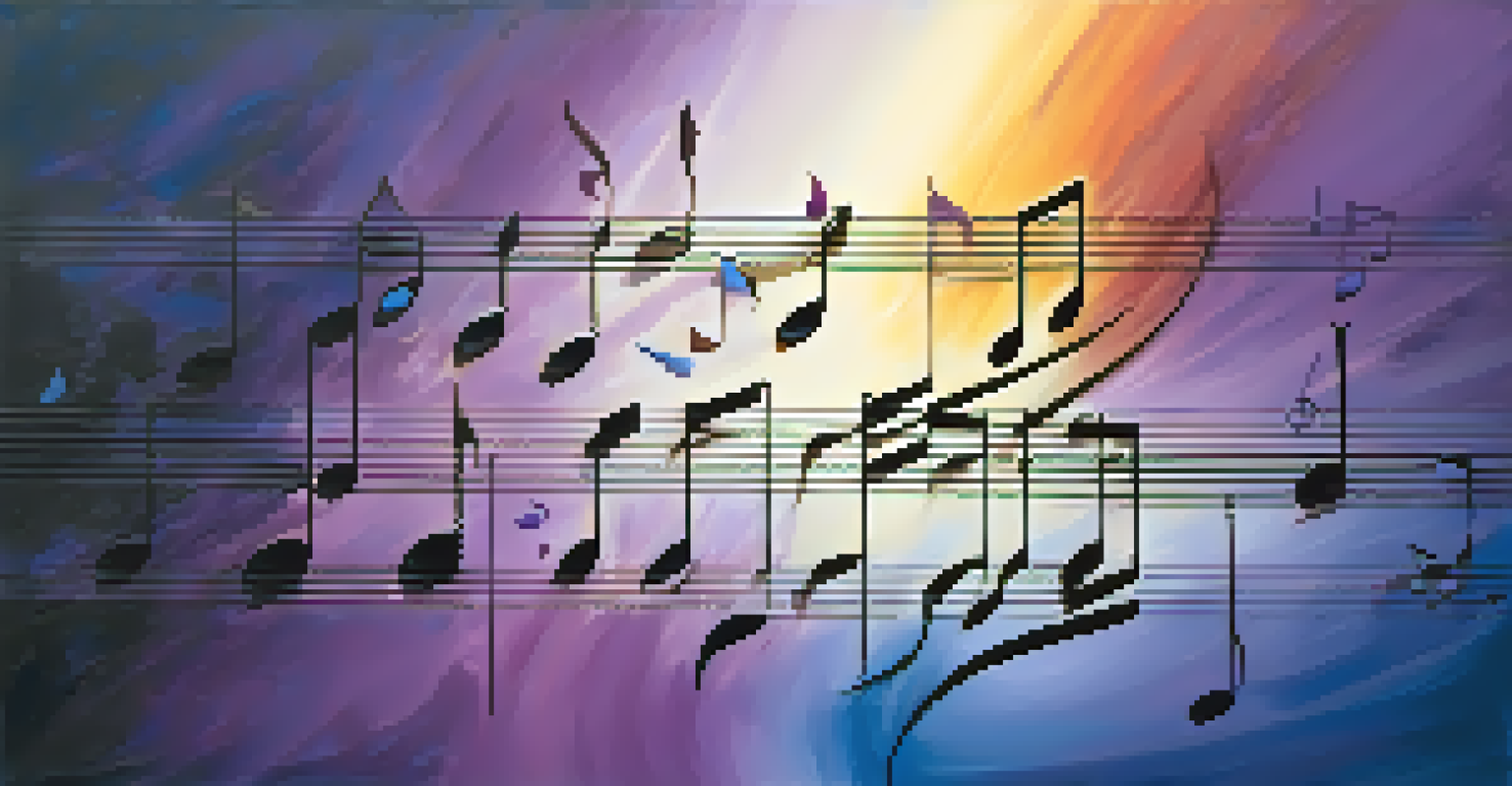 An artistic depiction of a C minor triad with musical notes in swirling motion against a deep blue and purple gradient background.
