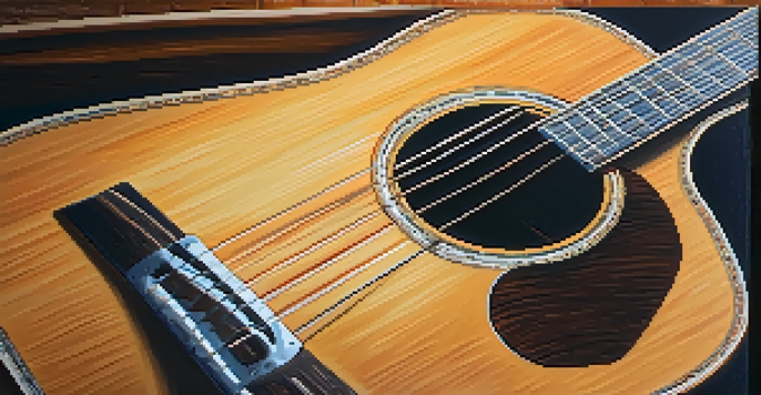 A close-up view of an acoustic guitar on a wooden table, illuminated by sunlight, with music sheets nearby.