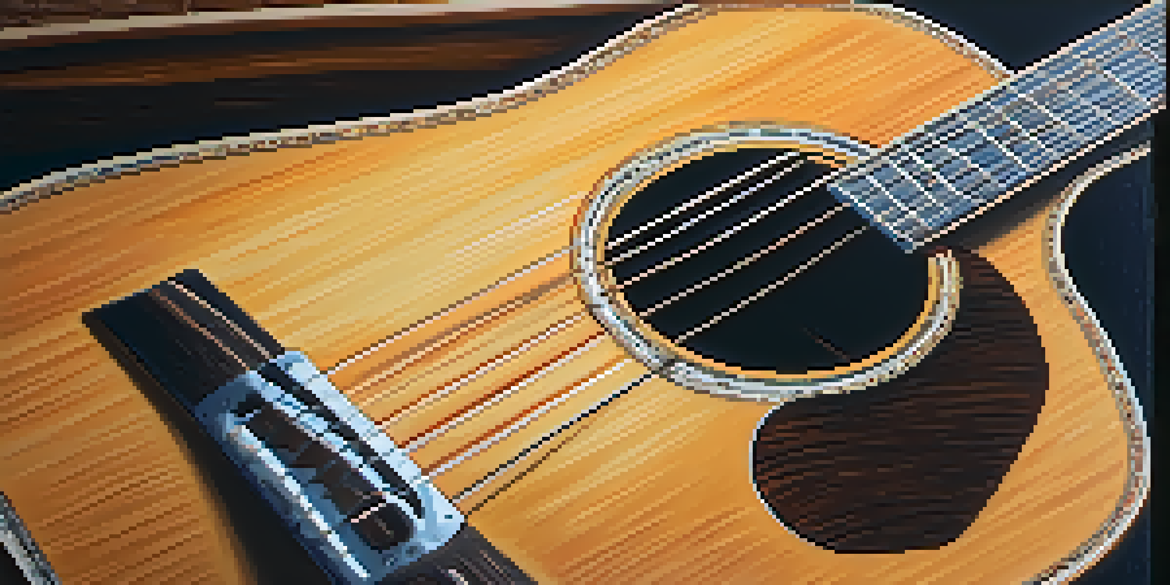 A close-up view of an acoustic guitar on a wooden table, illuminated by sunlight, with music sheets nearby.