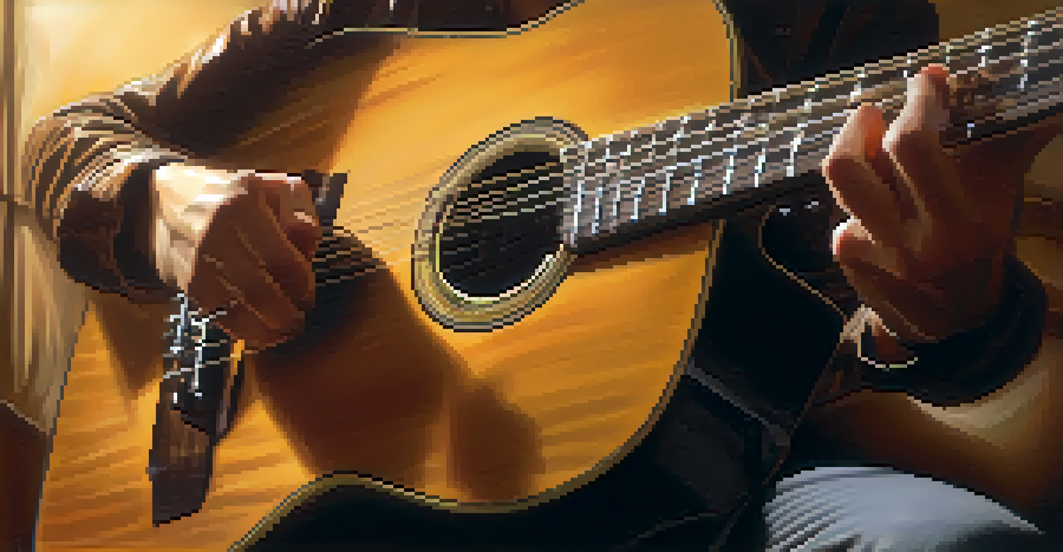 A guitarist strumming an acoustic guitar, emphasizing the hand holding a thick pick with warm ambient lighting.