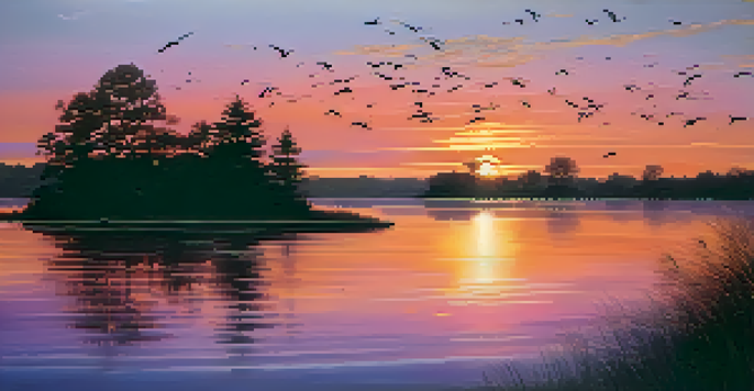 A serene landscape with a sunset over a calm lake, featuring silhouettes of trees and birds flying in the distance.