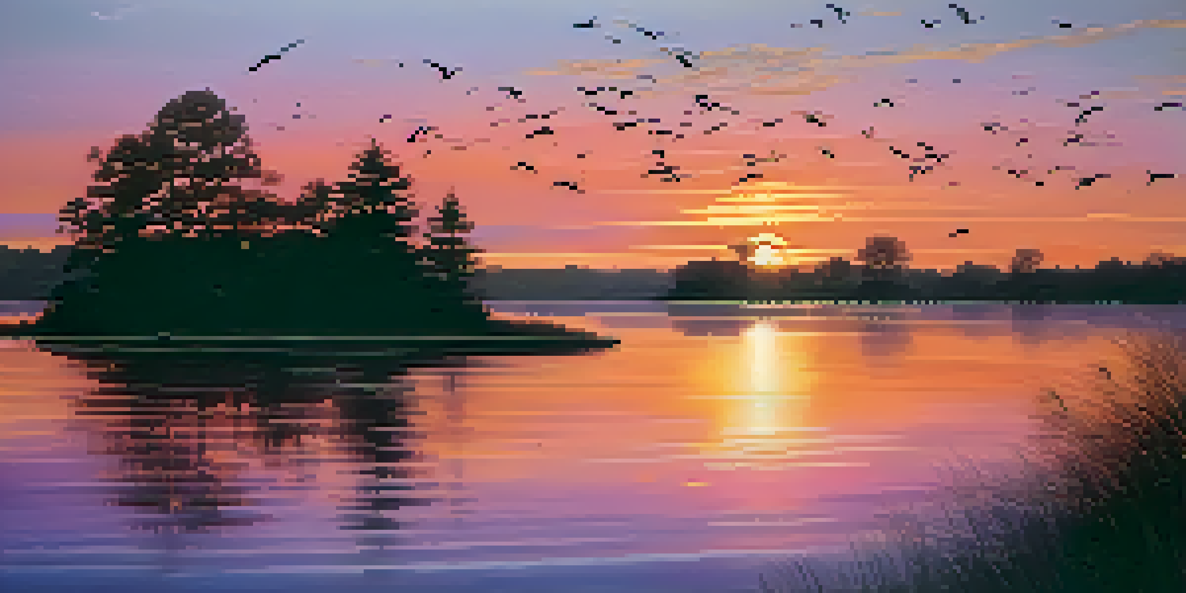 A serene landscape with a sunset over a calm lake, featuring silhouettes of trees and birds flying in the distance.