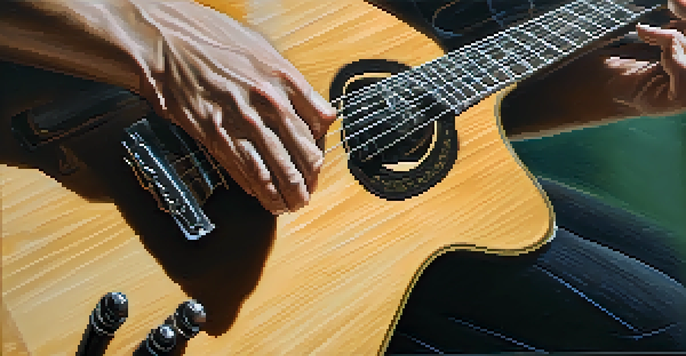 A close-up shot of a guitarist's hands playing the guitar with focus.
