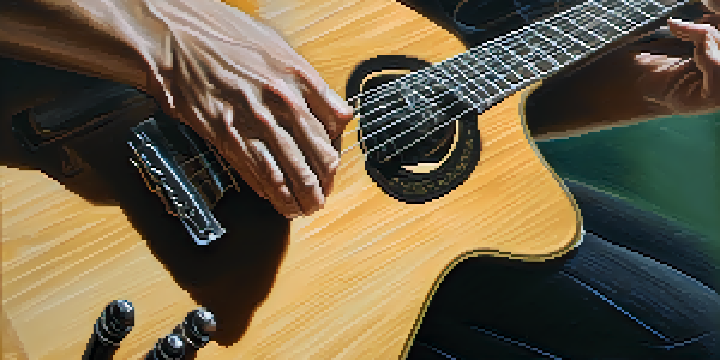 A close-up shot of a guitarist's hands playing the guitar with focus.