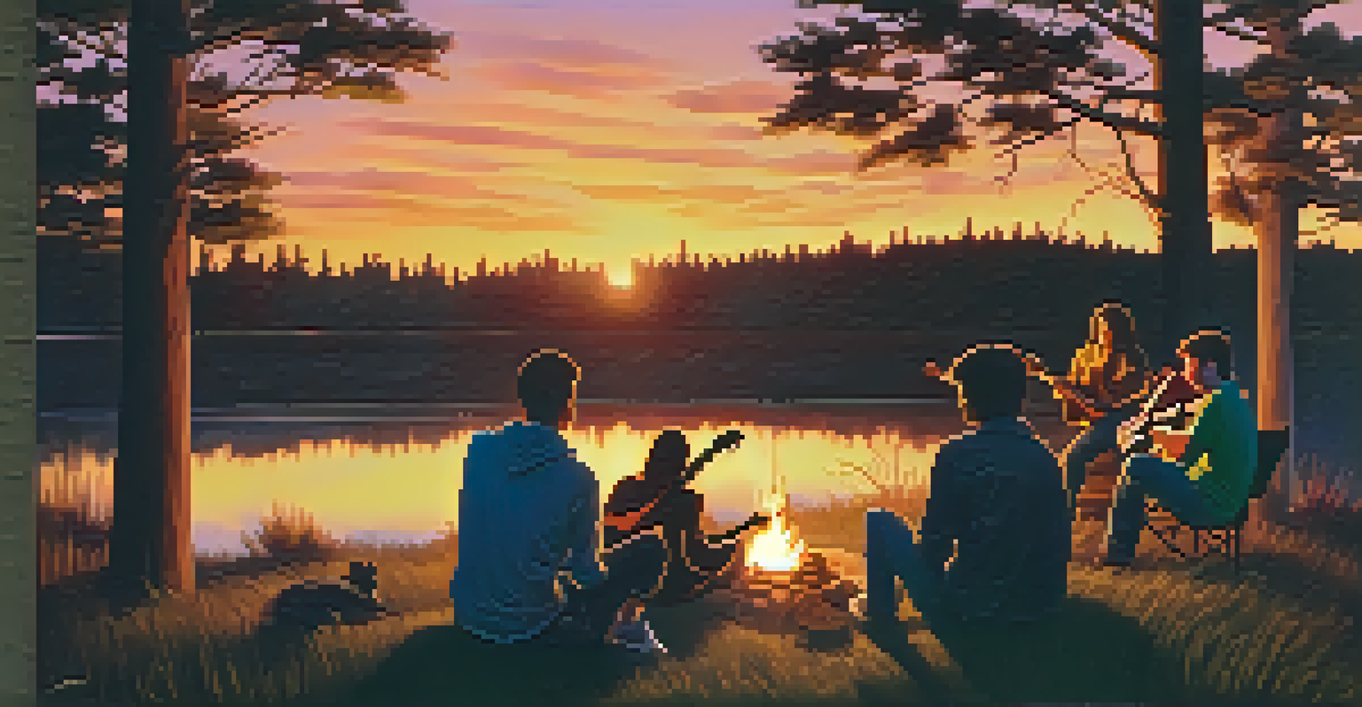 A group of friends around a campfire at dusk, with one person playing an acoustic guitar, illuminated by the warm glow of the fire against a colorful sunset sky.