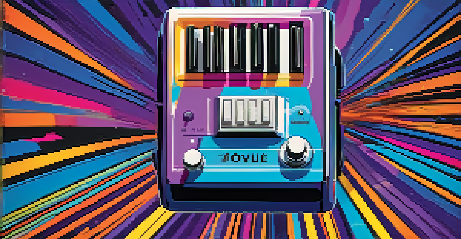 A modern digital chorus pedal surrounded by colorful sound waves and musical notes, creating a vibrant atmosphere with blue and purple colors.