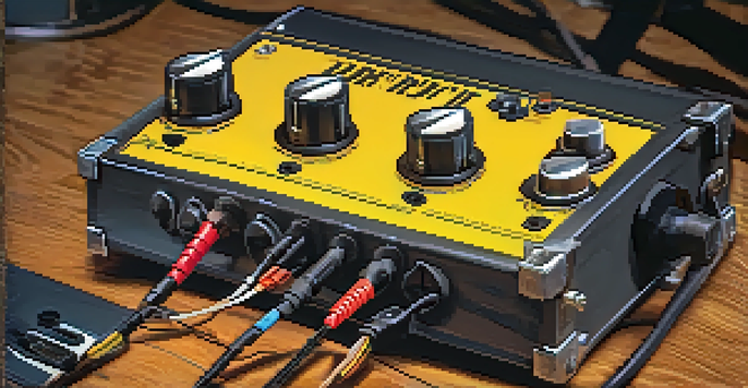 A close-up view of a Direct Injection box on a stage floor, with guitar cable connected, illuminated by stage lights.