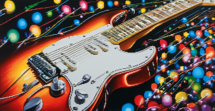 A detailed view of a colorful electric guitar with shiny surface and bright strings, illuminated by soft concert lights, with a crowd in the background.