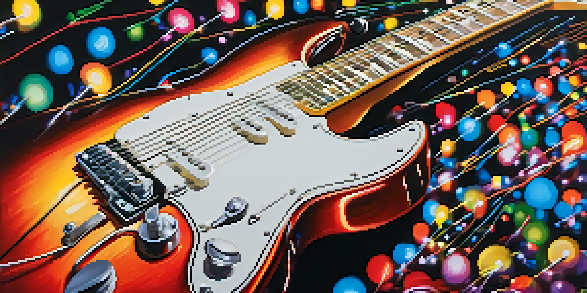 A detailed view of a colorful electric guitar with shiny surface and bright strings, illuminated by soft concert lights, with a crowd in the background.