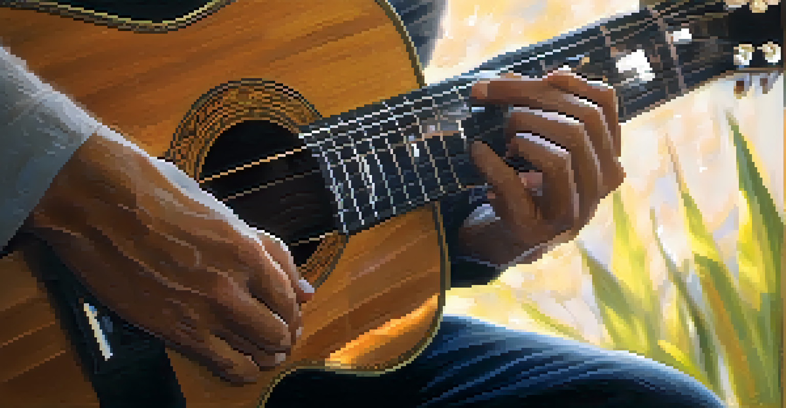 A close-up of a guitarist's hands fingerpicking an acoustic guitar, with soft bokeh in the background and warm sunlight filtering through leaves.
