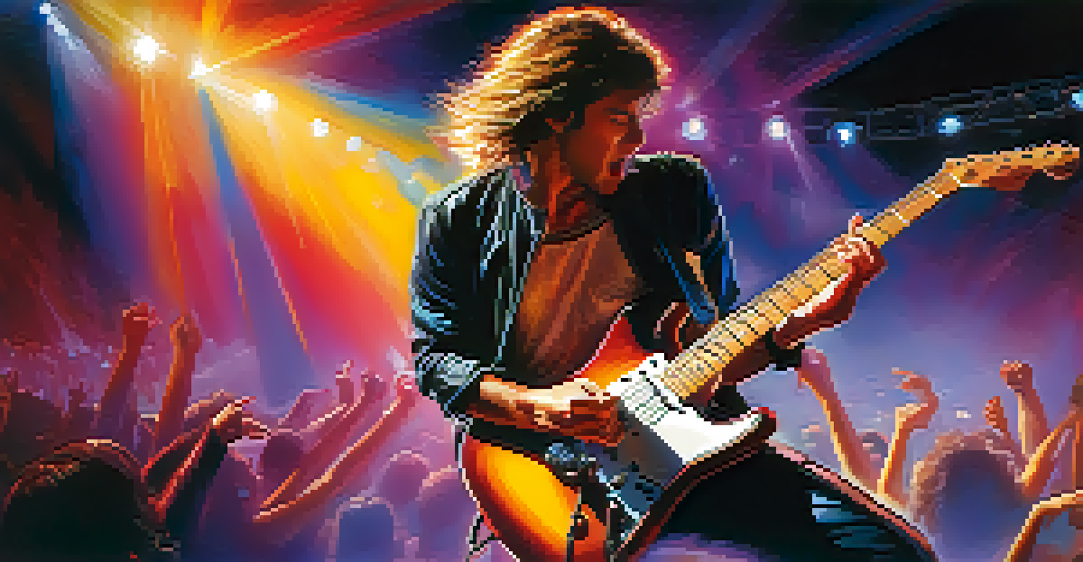 An electric guitarist performing on stage with vibrant lights, capturing the energy of a rock concert.
