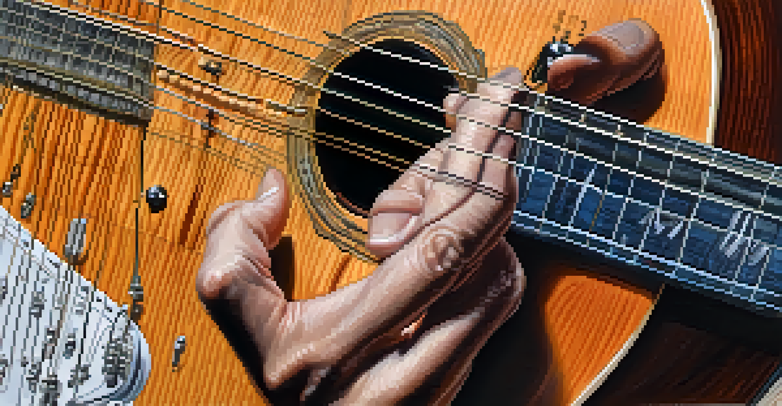 An artistic view of guitar techniques on a fretboard, showing hand motion and sound waves.