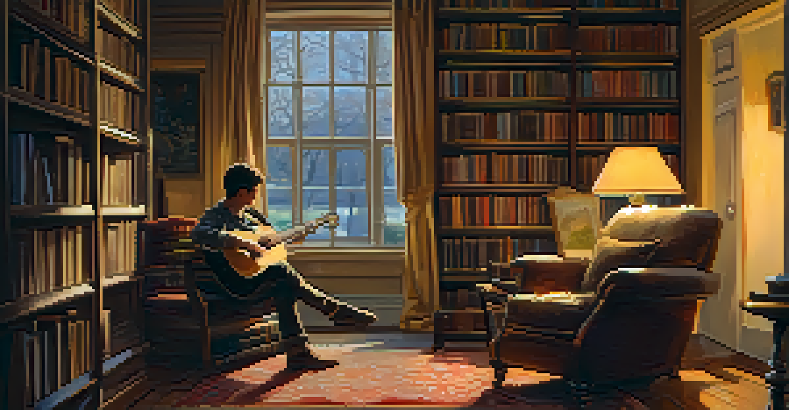 A guitarist sitting in a cozy chair, playing guitar, with warm light from a lamp and bookshelves in the background.
