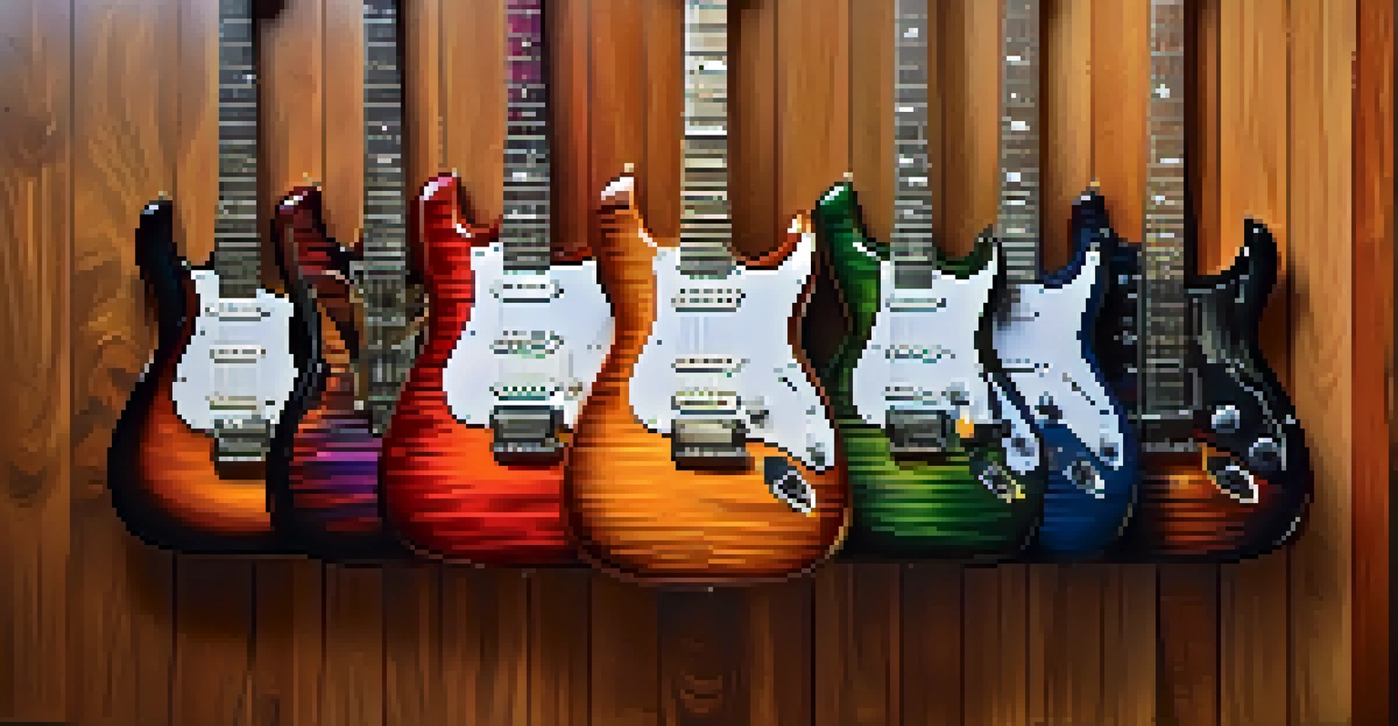 A collection of uniquely designed electric guitars hanging on a wall, showcasing various colors and finishes.