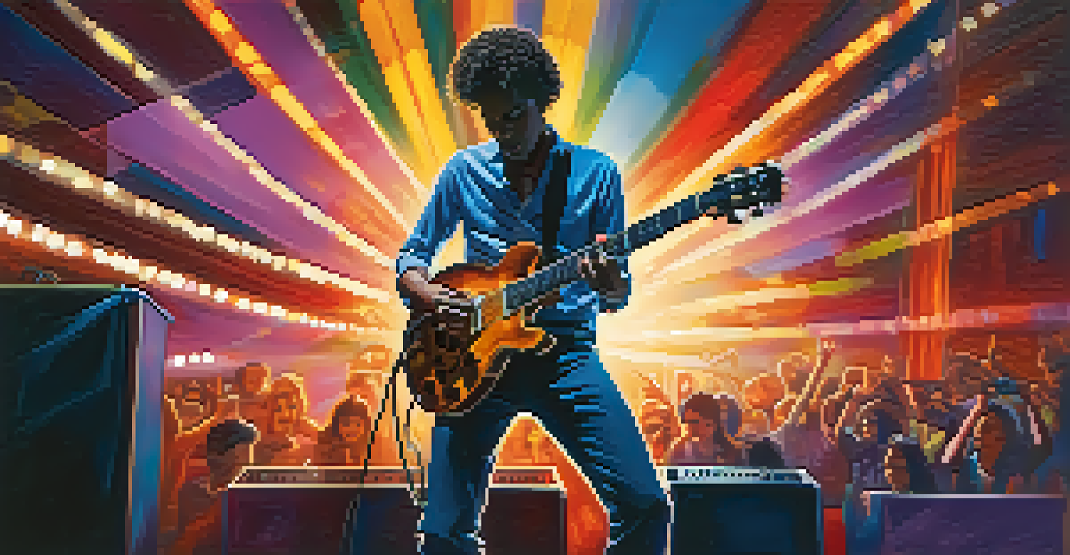 A solo guitarist on stage using a loop pedal, surrounded by vibrant lights and an engaged audience.
