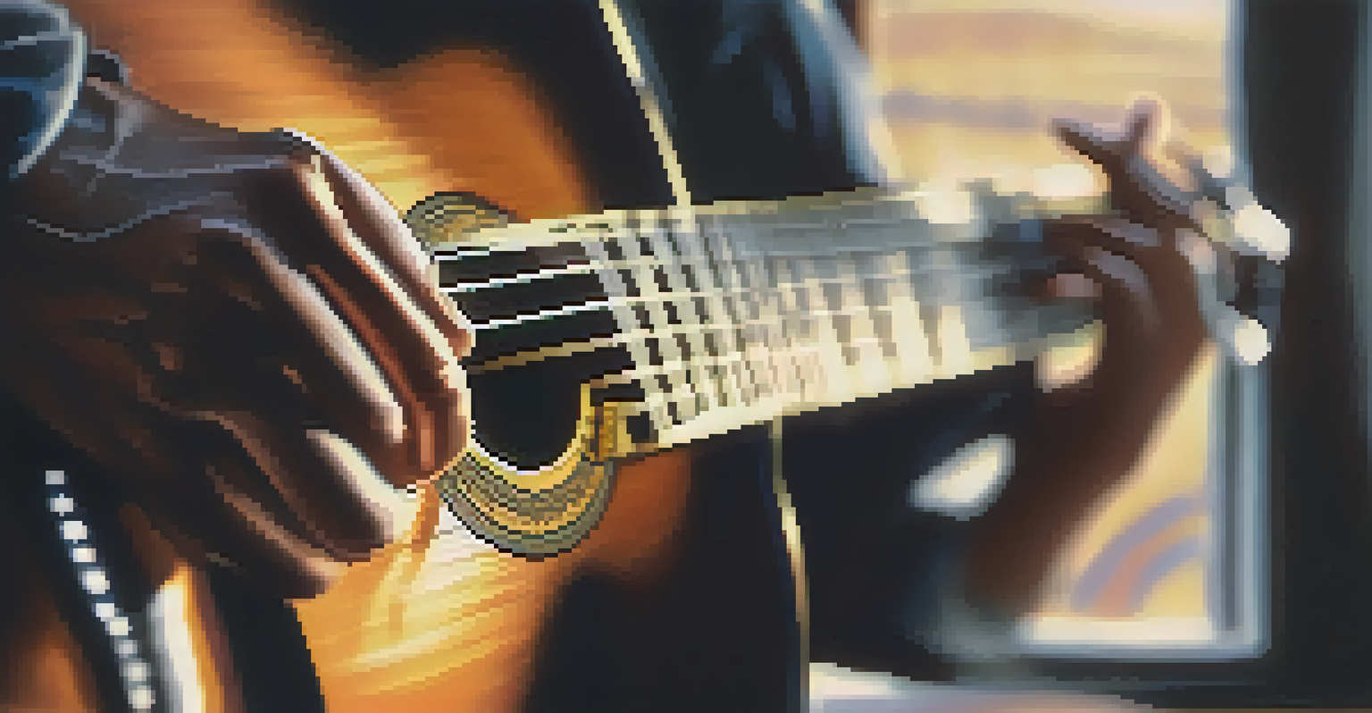 A musician's hands playing a classical guitar, highlighting the fingers on the nylon strings with a softly blurred background.