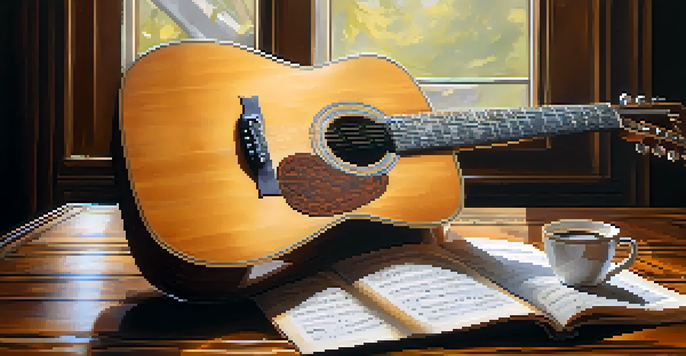 A close-up of an acoustic guitar on a table with sheet music and a cup of coffee, illuminated by soft natural light.