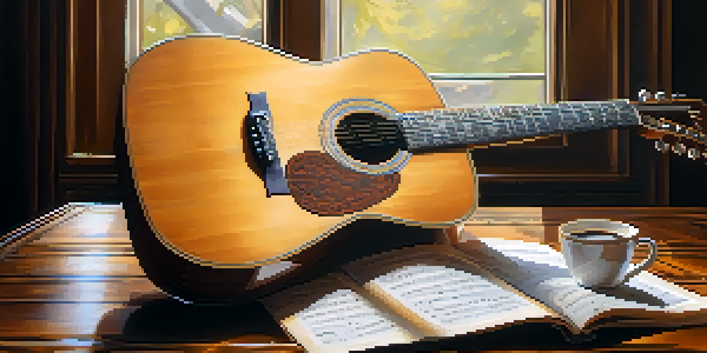 A close-up of an acoustic guitar on a table with sheet music and a cup of coffee, illuminated by soft natural light.