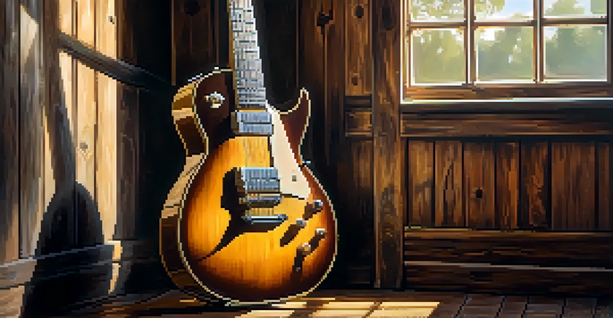 Close-up shot of a vintage electric guitar against a wooden backdrop, illuminated by soft sunlight.