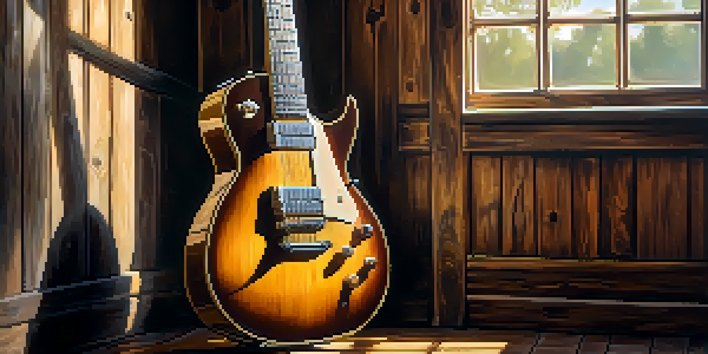 Close-up shot of a vintage electric guitar against a wooden backdrop, illuminated by soft sunlight.