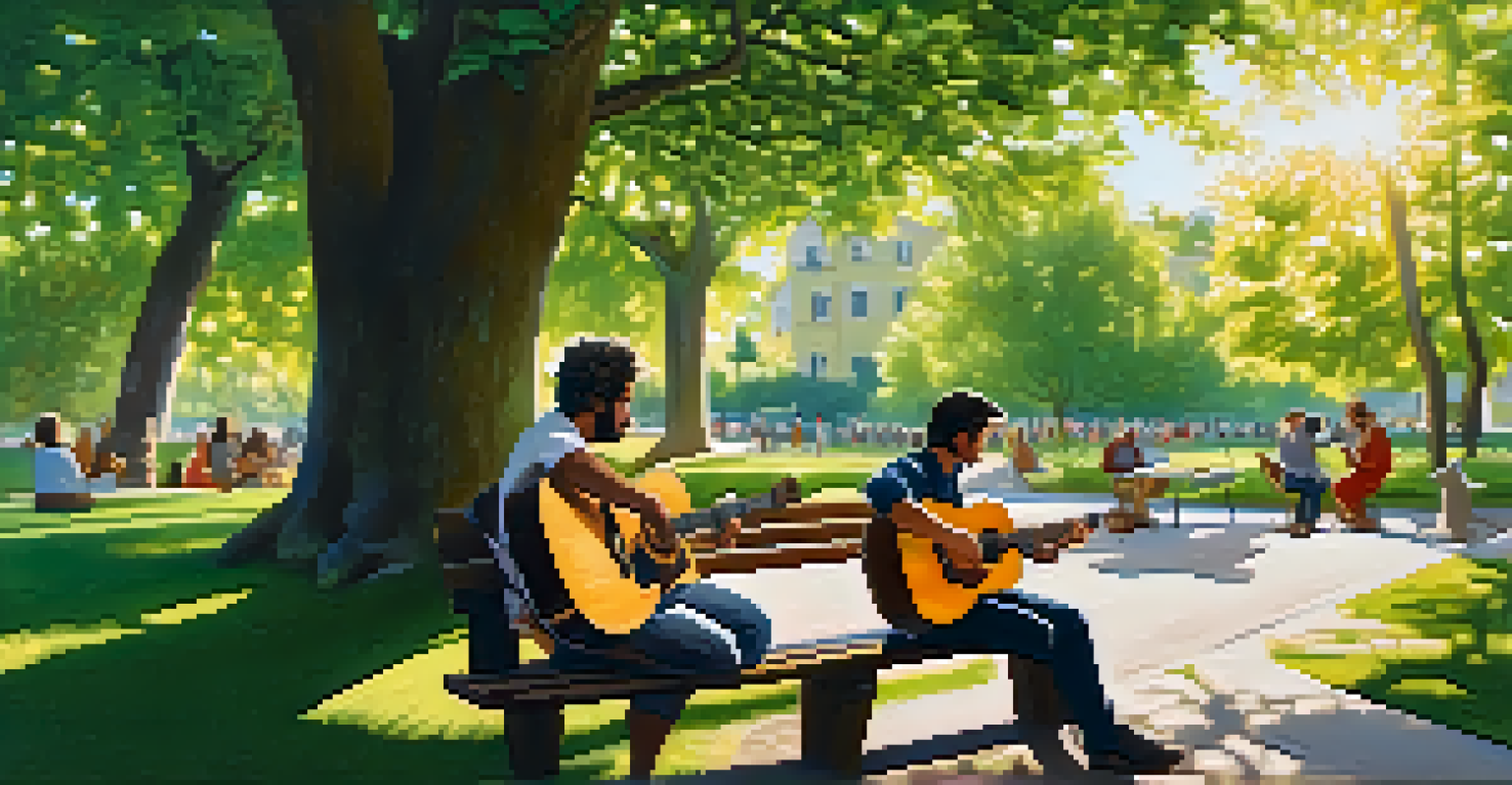 A tranquil park scene with a singer-songwriter playing acoustic guitar on a bench, surrounded by friends and nature.