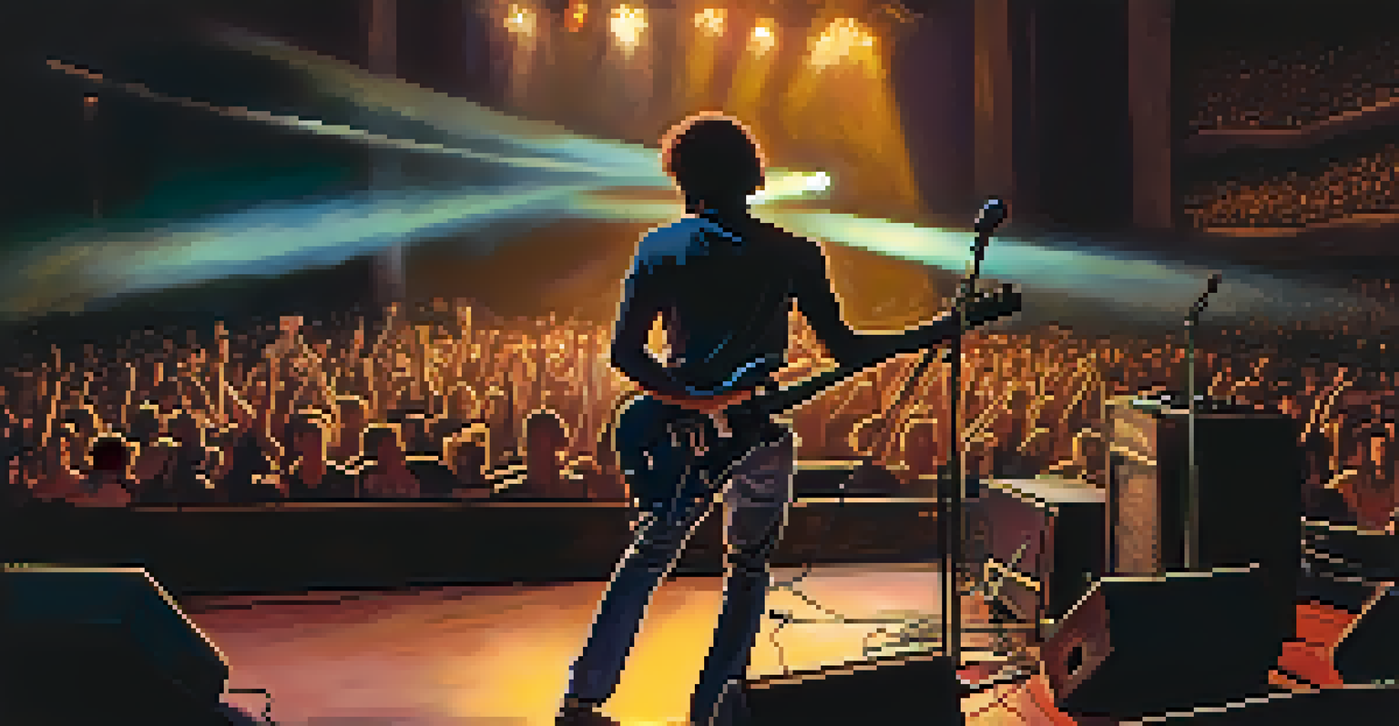 A lead guitarist on stage using hybrid picking techniques, illuminated by bright stage lights with a blurred crowd in the background.