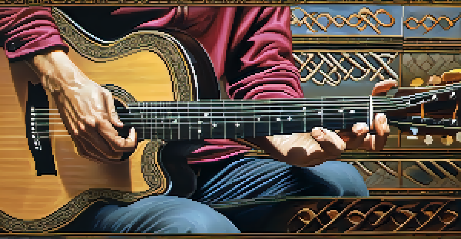 Close-up of a guitarist's hands playing a guitar with intricate details of fingerpicking and a Celtic knot design.