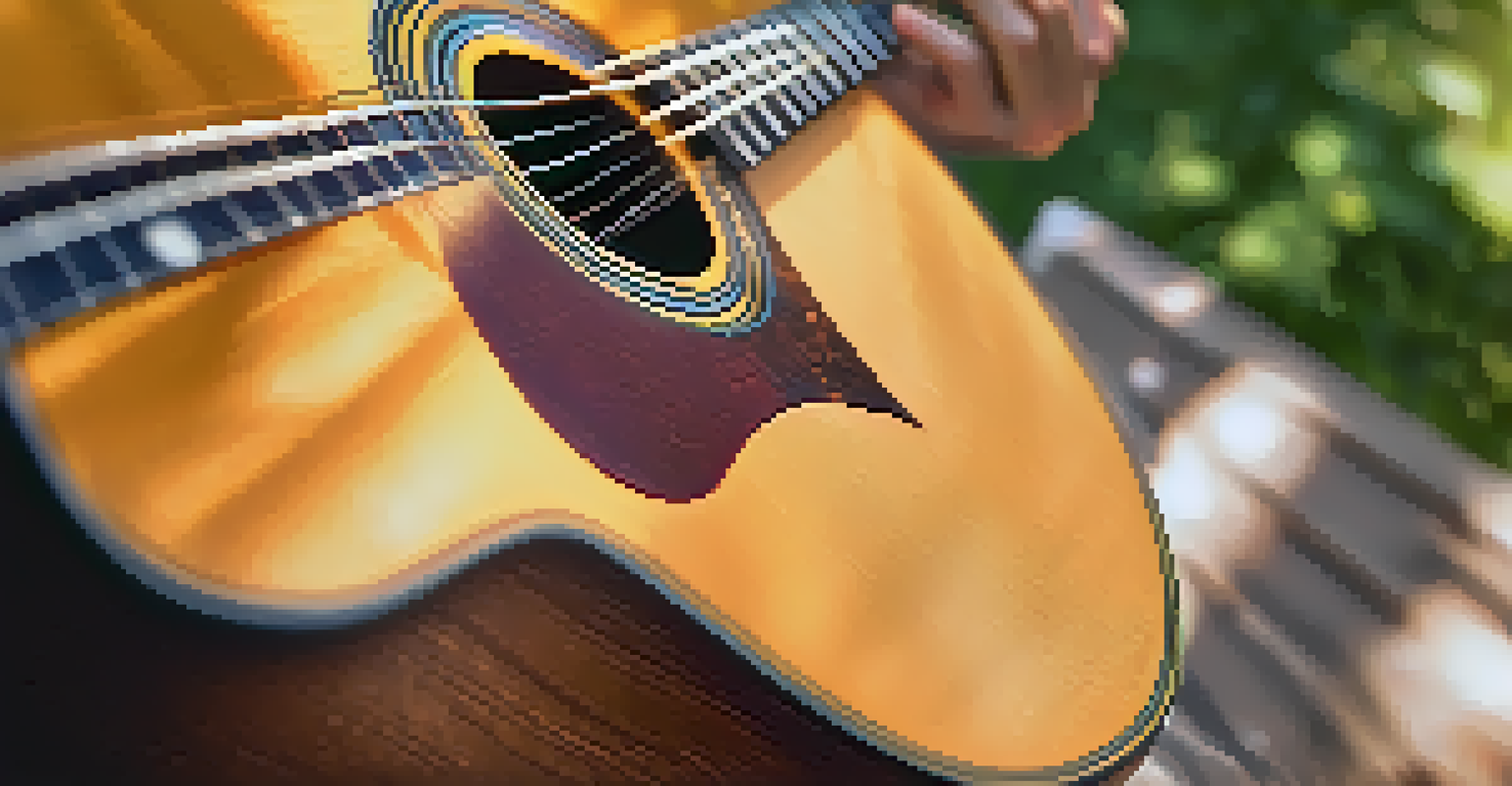 A close-up of a hand strumming an acoustic guitar with blurred greenery in the background.