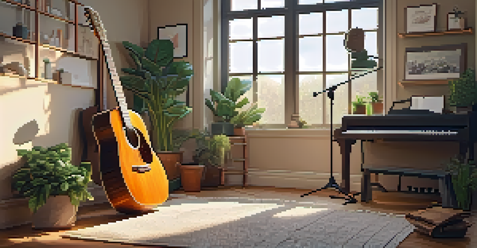 A warm and inviting home practice space with an acoustic guitar, houseplants, and a smartphone displaying a guitar app.