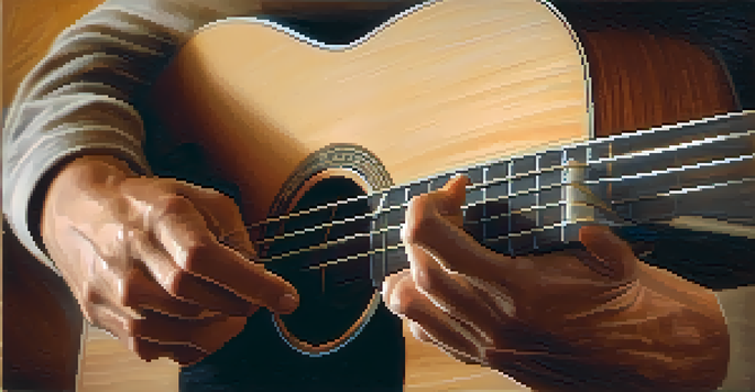 A close-up of a musician's hands playing an acoustic guitar, with warm light highlighting the wood texture.