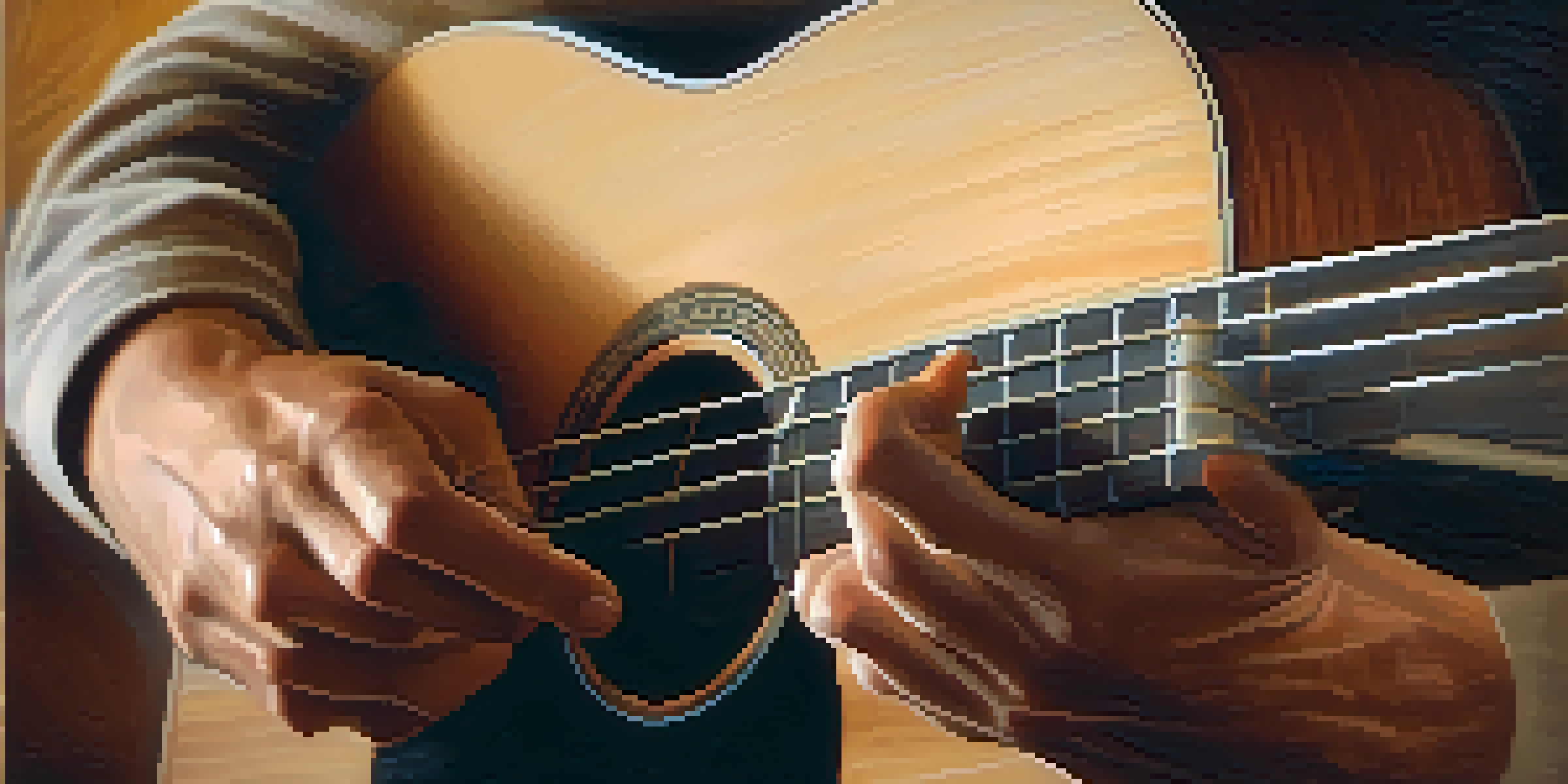 A close-up of a musician's hands playing an acoustic guitar, with warm light highlighting the wood texture.