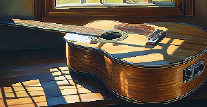 A close-up of a well-worn acoustic guitar on a wooden table with soft sunlight illuminating the scene.