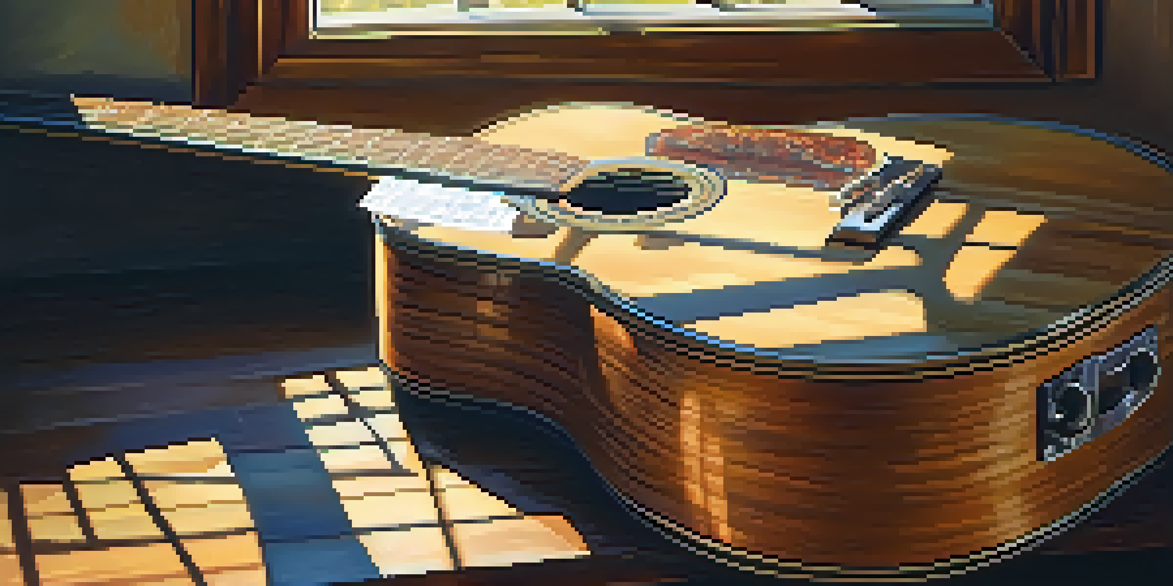 A close-up of a well-worn acoustic guitar on a wooden table with soft sunlight illuminating the scene.