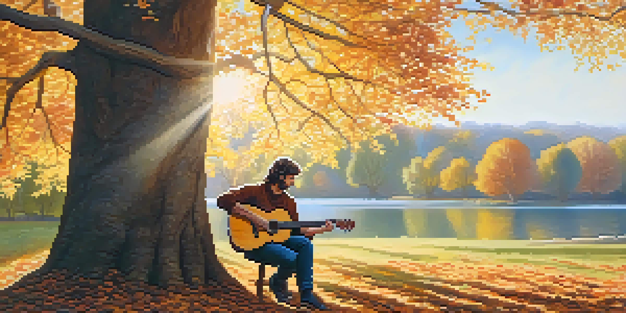 A folk guitarist playing an acoustic guitar under a tree, surrounded by autumn leaves and sunlight.