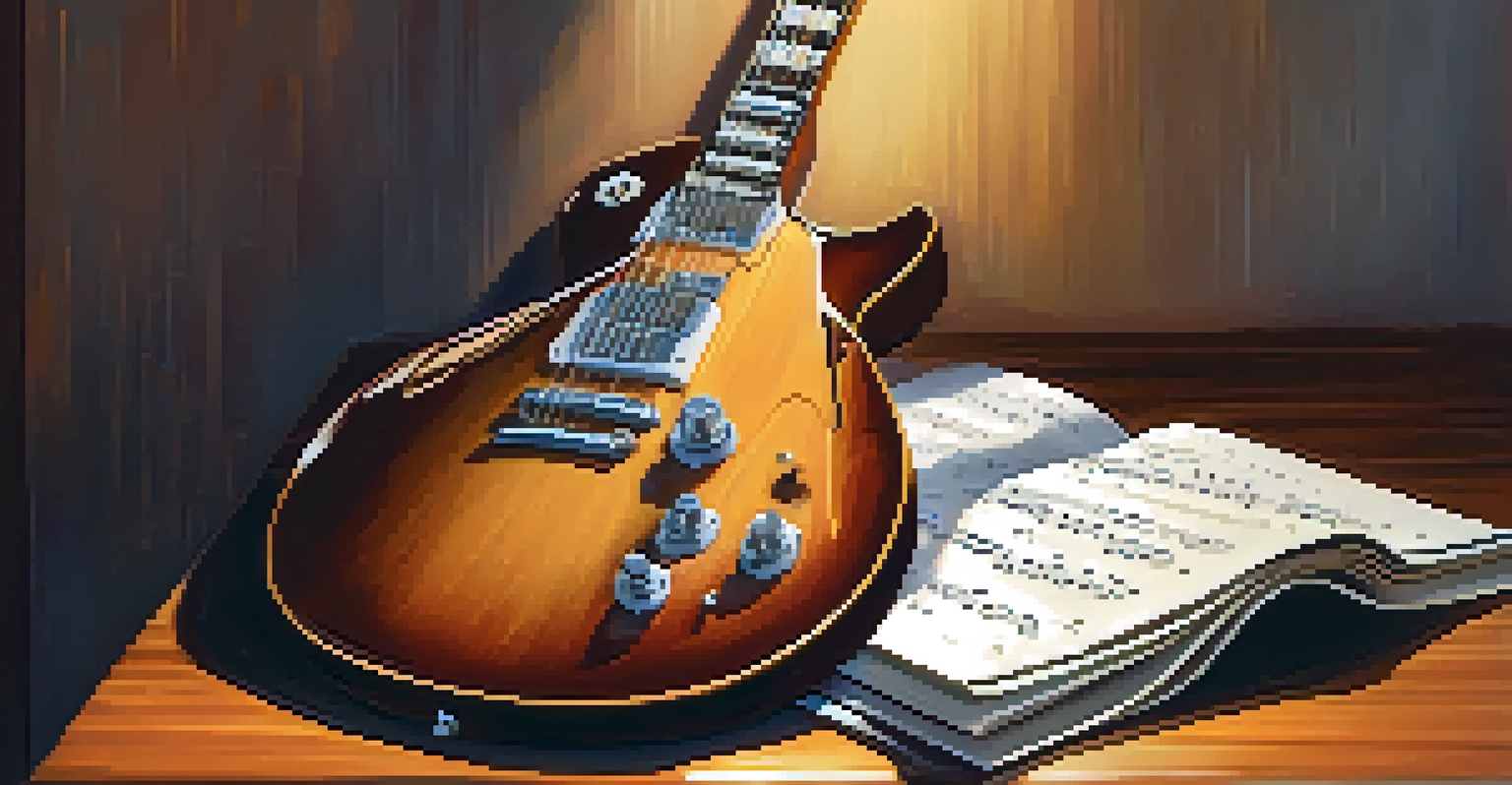A close-up of a vintage electric guitar on a music stand, illuminated by warm light with sheet music in the background.