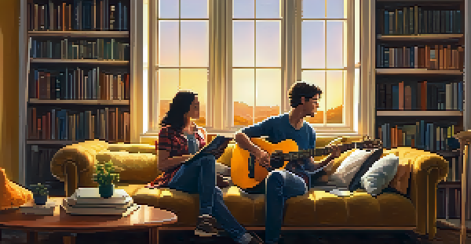 An adult playing an acoustic guitar in a warmly lit living room with bookshelves and a sunset outside the window.