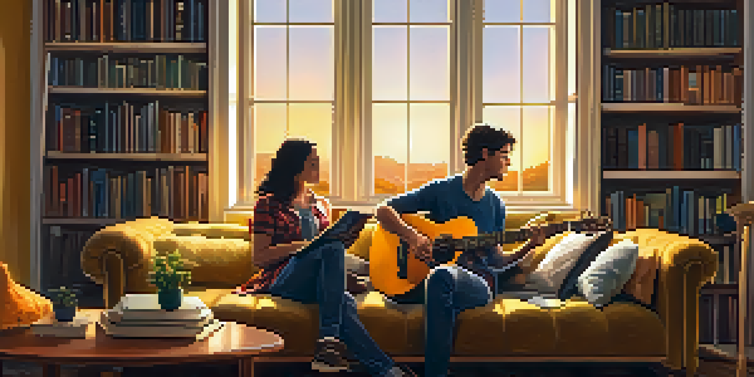 An adult playing an acoustic guitar in a warmly lit living room with bookshelves and a sunset outside the window.
