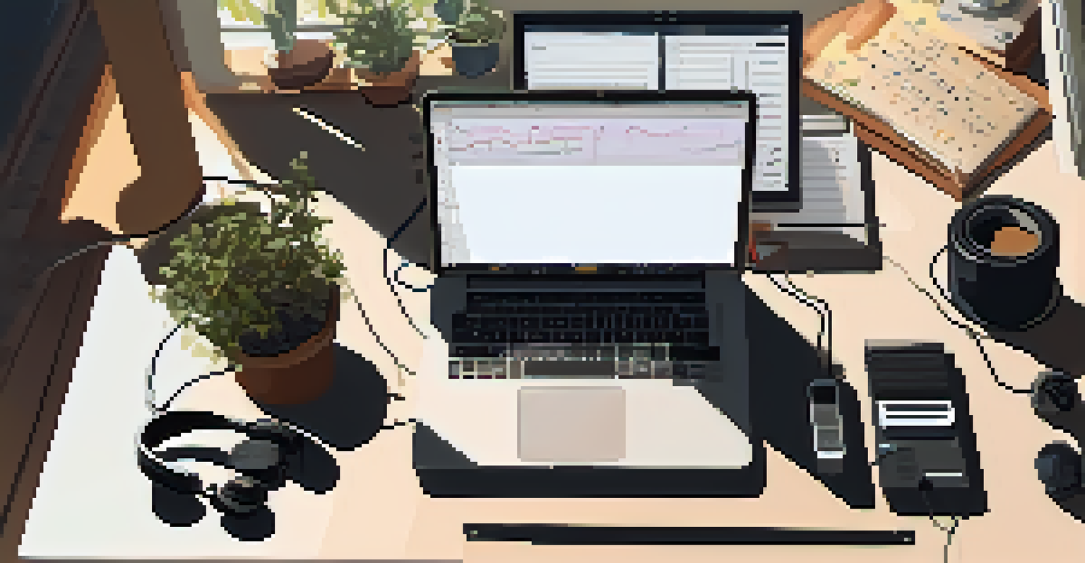 An overhead view of a musician's workspace with a loop pedal, guitar, and laptop, bathed in sunlight.