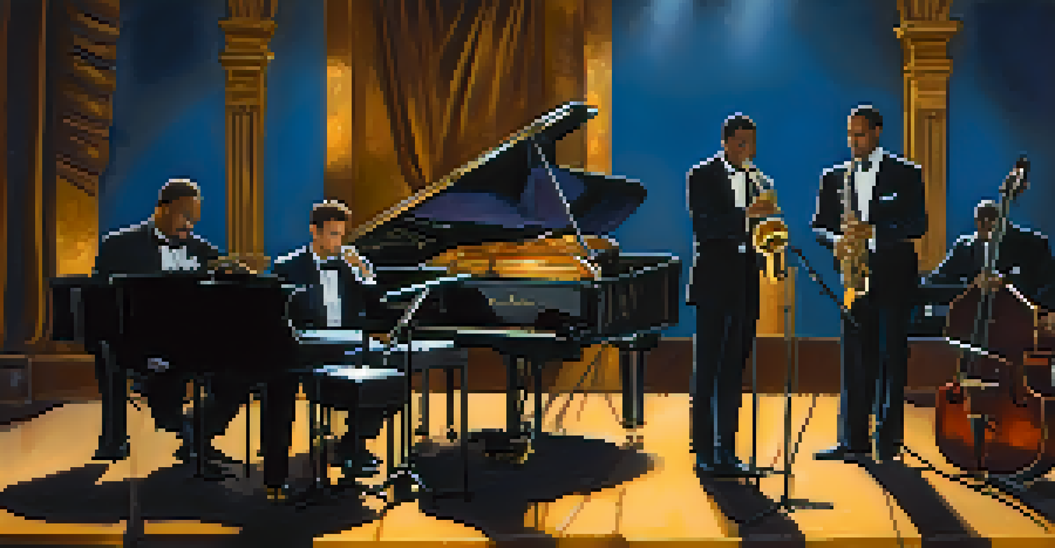 A jazz ensemble performing on stage with a saxophonist, pianist, and drummer, illuminated by soft lighting.