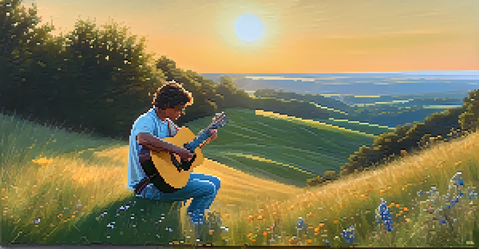 A musician playing guitar on a grassy hill during sunset, surrounded by wildflowers.