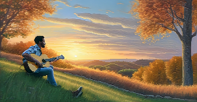 A musician playing an acoustic guitar on a grassy hill during sunset, with warm colors in the sky and trees surrounding them.