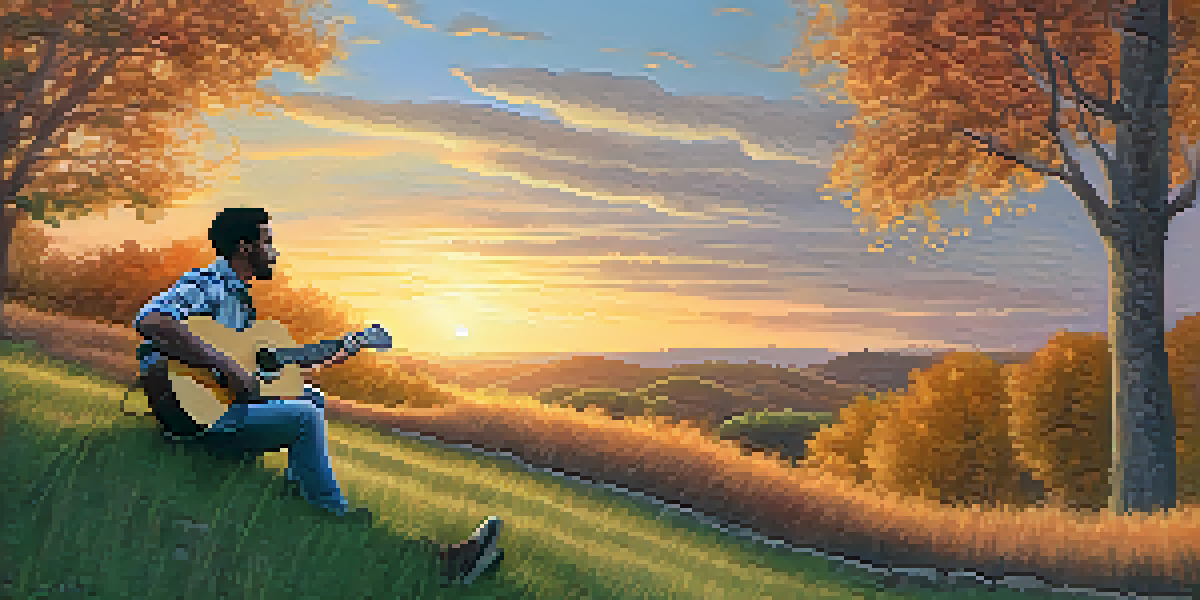 A musician playing an acoustic guitar on a grassy hill during sunset, with warm colors in the sky and trees surrounding them.