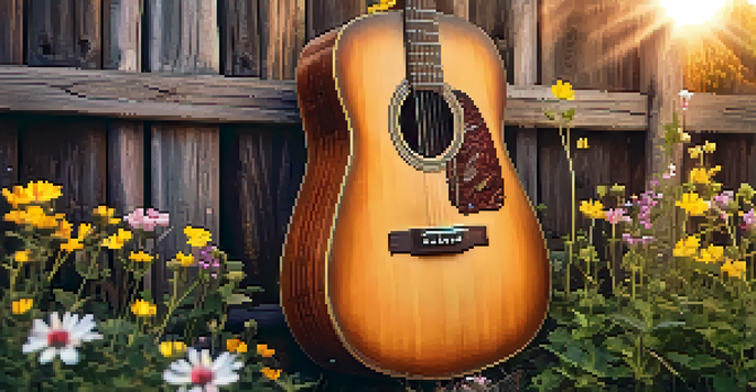 A close-up of an acoustic guitar leaning against a wooden fence, surrounded by colorful wildflowers under a sunset.