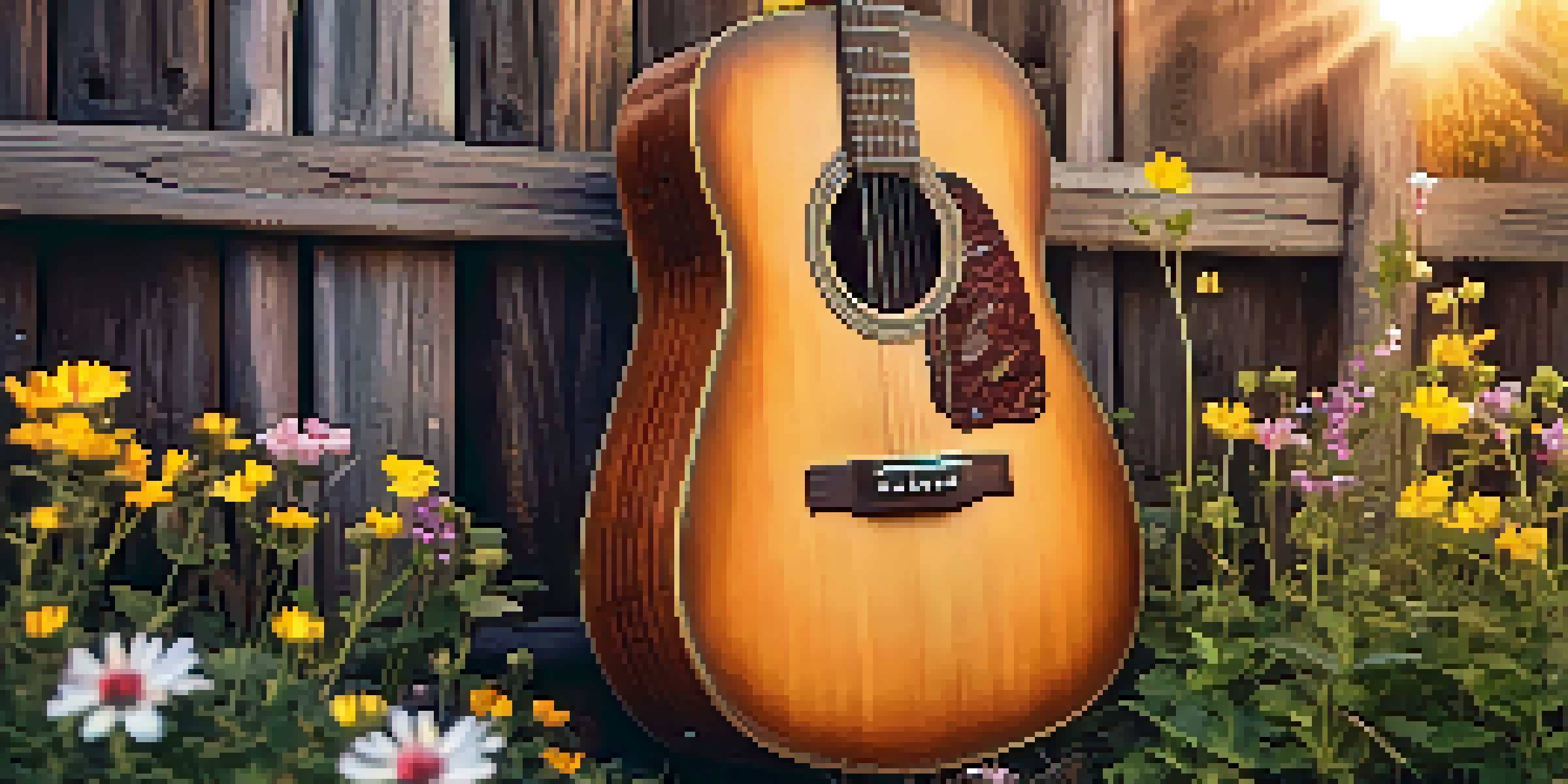 A close-up of an acoustic guitar leaning against a wooden fence, surrounded by colorful wildflowers under a sunset.