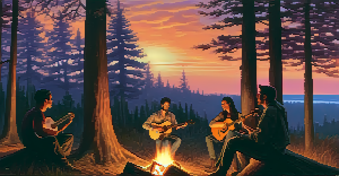 A guitarist playing an acoustic guitar by a campfire during sunset, with friends gathered around in a warm and inviting atmosphere.