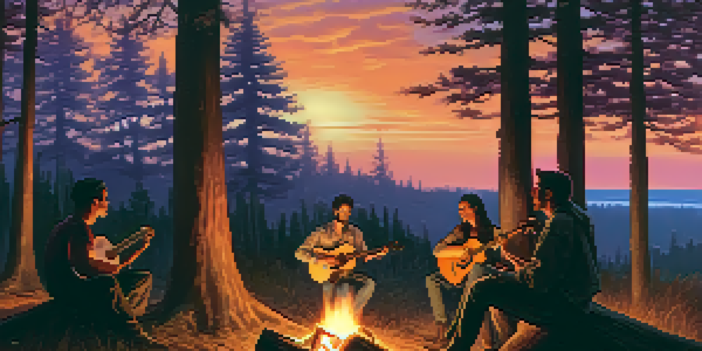 A guitarist playing an acoustic guitar by a campfire during sunset, with friends gathered around in a warm and inviting atmosphere.